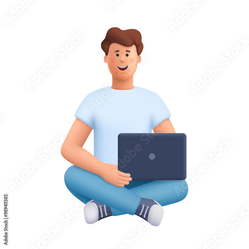 Young smiling man sitting with crossed legs, holding laptop. Freelance, studying, online education, work at home, work concept. 3d vector people character. Cartoon minimal style.