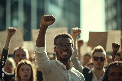 Group of Diverse Protesters Raising Fists in Solidarity During Peaceful Demonstration in a City, Advocating for Social Justice and Equality