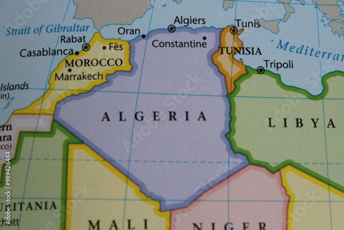 close up of the country of Algeria viewed on a wold map as a travel concept. Algeria on a map 