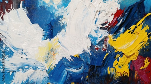 Vibrant abstract painting featuring bold strokes of blue, yellow, and red.