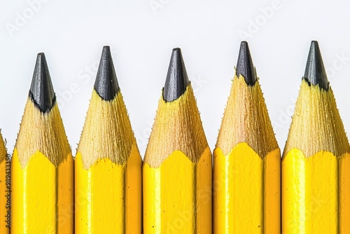 Examined arrangement of various worn yellow pencils with damaged tips, emphasizing a single remarkably sharpened pencil in their midst