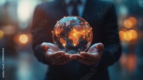 Businessman hold global business globe with network connected to digital marketing strategy and creative solution. Business development technology to support creativity idea