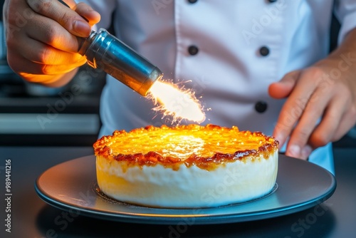 A chef using a blowtorch to caramelize sugar on a crÃ¨me brÃ»lÃ©e, creating a crispy golden crust on top