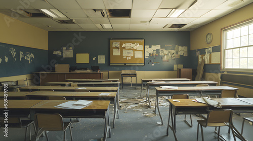 An American classroom with outdated technology and broken desks students struggling to keep up.