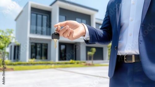 Real estate agent handing keys to new homeowners in front of a modern house, property market, successful purchase, real estate transaction