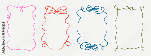 Set of elegant whimsical hand-drawn pink blue orange green color frames with wavy squiggle curly ribbons in trendy, vintage styles. Perfect for quirky holiday, wedding, birthday gift decorations