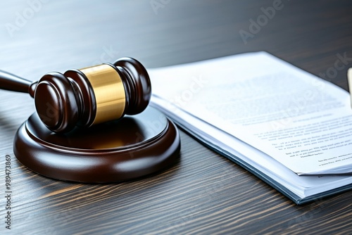 A courtroom gavel resting on a wooden desk, with legal documents and a law book lying beside it