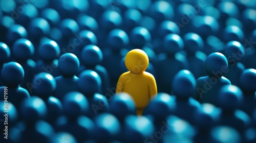 Yellow figure distinct among blue crowd, representing the concept of finding the right person in HR, business strategy, and organizational psychology