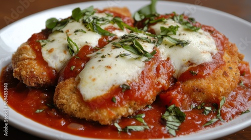 Chicken Parmesan is a dish made with breaded chicken cutlets, covered in tomato sauce and melted cheese.