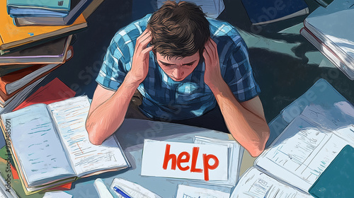 A tired student sits surrounded by notes and textbooks, holding a "help" sign as they struggle to keep up with their studies