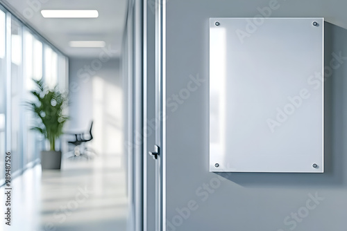 A mock up of a blank glass nameplate design is shown in this 3D rendering. The signplate is mounted on the wall near the interior door of the office. The signplate is mocked up on the wall behind the