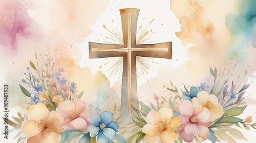 Easter cross symbol surrounded by soft watercolor flowers, serene religious design