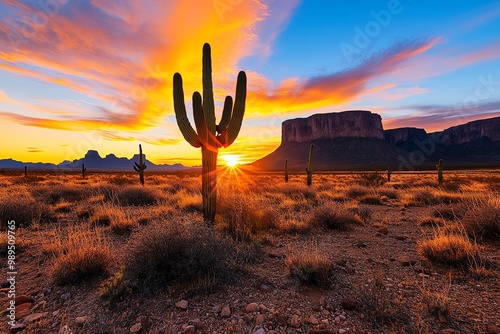 A rugged desert landscape, with cacti dotting the landscape and dramatic rock formations rising in the distance under a fiery sunset