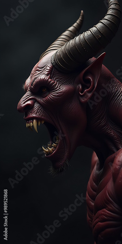 Angry devil profile with copy space for text - black background - yelling, shouting, screaming - god of evil - hell concept art - Leviathan, Astaroth, Mammon, Baal