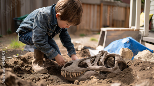 Young boy digging up dinosaur skull in backyard.