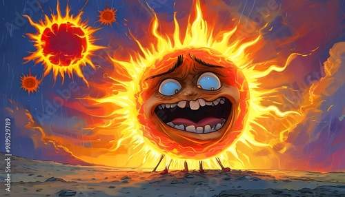 Comedic depiction of an overactive sun character unleashing a vibrant heatwave while radiating humor and charm in a lively artistic interpretation