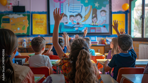 A group of children in the classroom raising their hands to answer or ask a question. Concept of class participation, early childhood education, active learning, school motivation, inclusive education