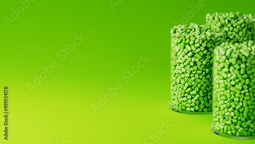 Side view on three glasses with green plastic polypropylene granules, masterbatch polymer grain, on green backdrop. HDPE or PVC resin pellets. 3d render illustration