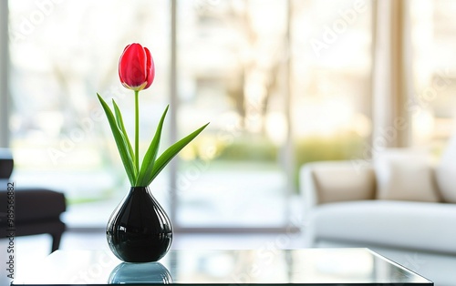 A single red tulip in a black vase on a glass table, bright sunlight illuminating a modern living room interior