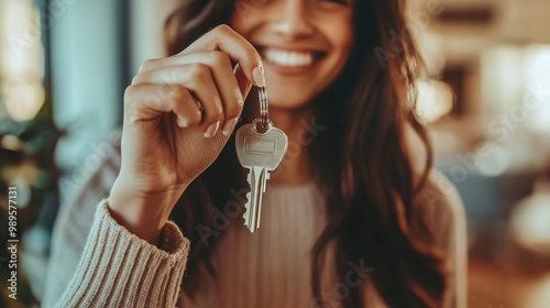 Crop close up of female tenant renter show praise house keys moving to first own new apartment or house happy woman owner buy purchase home relocate to dwelling rental rent ownership concept.