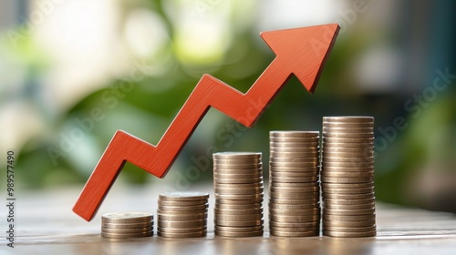 For financial growth interest rate increase inflation high price and tax rise concept. arrow up sign on wooden cube blocks above stack of coins including copy space.