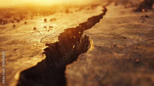 A crack opens in the earth, releasing dust and debris amid the powerful seismic activity occurring