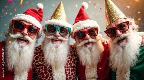 Four joyful Santa Clauses wearing vibrant sunglasses and festive hats celebrate Christmas with laughter and camaraderie, surrounded by colorful confetti