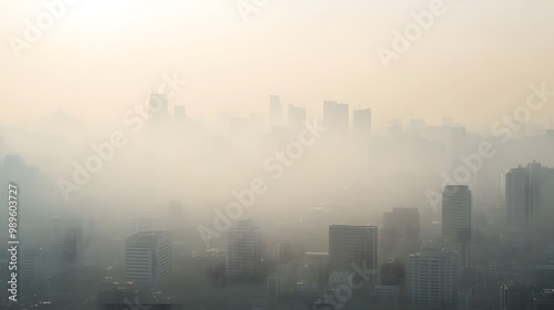 A city skyline obscured by a dense smog visibility drastically reduced.