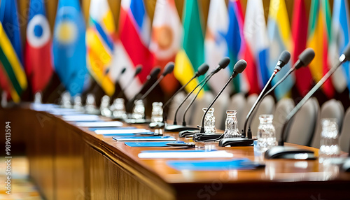 A row of microphones on a conference table with blurred flags in the background.