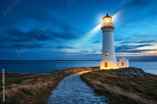 Vision-focused lighthouse, with clean lines and a glowing beam, representing guidance and foresight