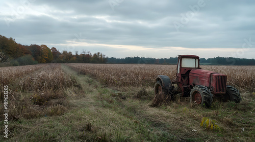 A European farmers field overgrown with weeds equipment rusting and no crops to harvest.