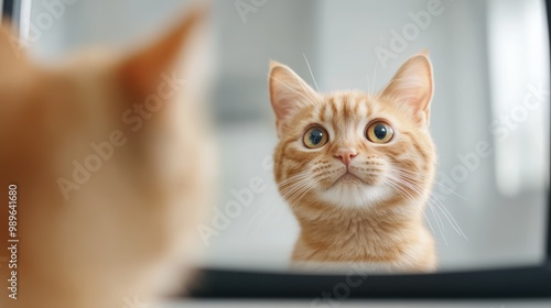 An inquisitive ginger cat intensely stares at its reflection, capturing a moment of curiosity and self-awareness as it explores its mirrored image, surrounded by soft lighting.