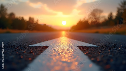 Open Road with Arrow Pointing Toward Bright Sunset Symbolizing New Beginnings