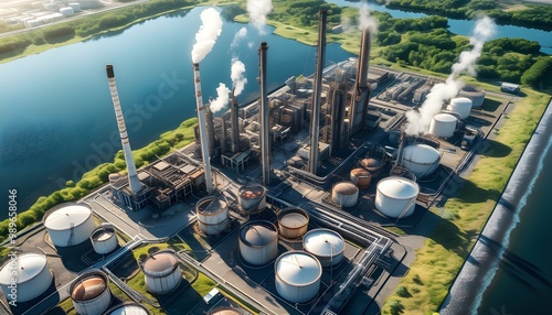 Aerial perspective of an industrial oil refinery with tanks and smokestacks adjacent to a water body