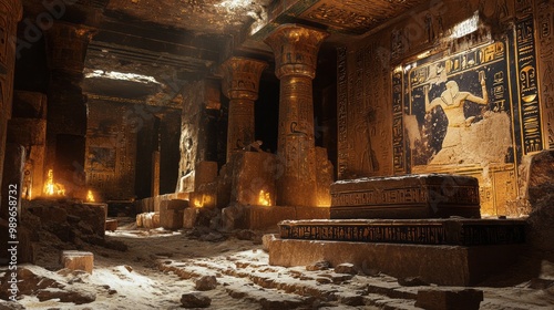 Interior of old pyramid or pharaoh's tomb with sarcophagus on stone, inside shot with sun rays, ancient tomb 