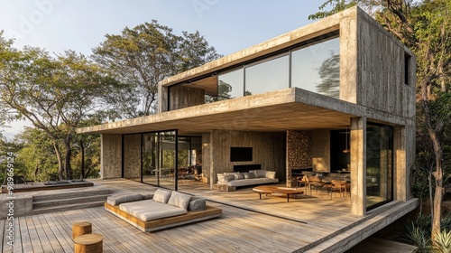 Minimalist cube home with perforated metal walls, sharp lines, and integrated holographic windows, floating in a futuristic desert landscape, warm colors, 3D rendering