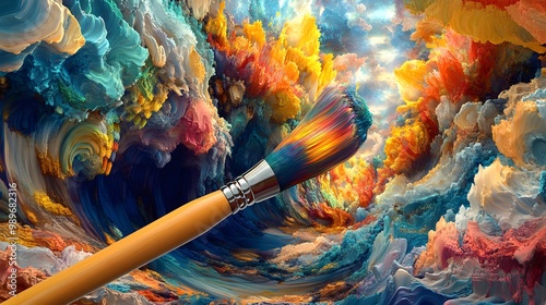 A paintbrush releasing a kaleidoscope of vibrant colors that flow into a dreamlike, fantastical landscape, symbolizing the creation of an imaginative world 