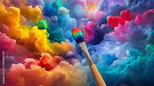 A paintbrush releasing a kaleidoscope of vibrant colors that flow into a dreamlike, fantastical landscape, symbolizing the creation of an imaginative world 