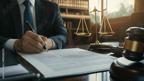 A lawyer in a suit signs a legal document at a desk, accompanied by a gavel and scales of justice, symbolizing law and legal processes.