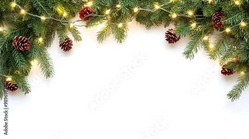 decorative christmas border with coniferous branches and garlands of christmas lights isolated on white background 