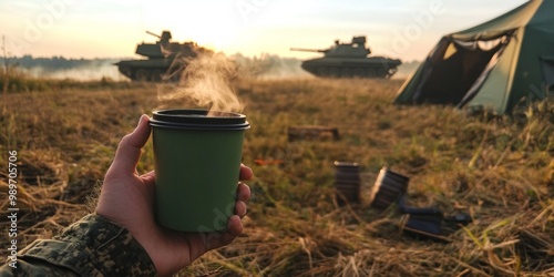 A soldier enjoys a warm drink in a serene morning landscape. Tanks and a campsite are in the background. The image captures military life and the calm of nature. AI.