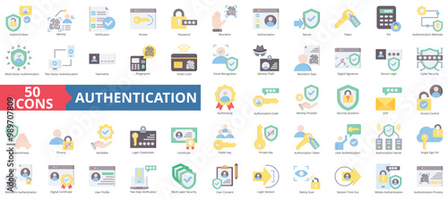 Authentication icon collection set. Containing identity, verification, access, password, biometric, authorization, secure icon. Simple flat color illustration.