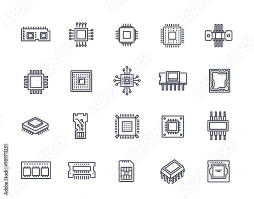 Set of Electronics Related line Icon. Simple symbols with microchip, processor and circuit. Different electronic modules. Editable stroke. Outline vector illustration collection isolated on background