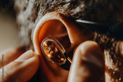 a hearing aid being placed in an ear, with the focus on inclusivity and support for the hearing-impaired community