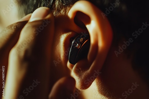 a hearing aid being placed in an ear, with the focus on inclusivity and support for the hearing-impaired community