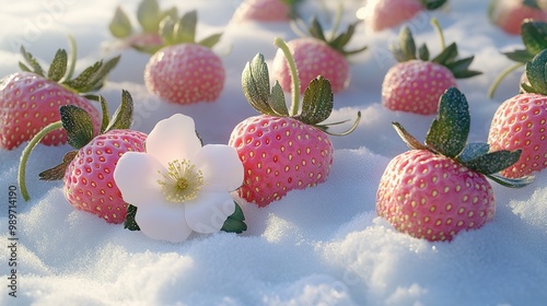 A romantic scene showcasing delicate pale pink strawberries and large strawberry flowers nestled in fresh snow, illuminated by gentle morning light. 