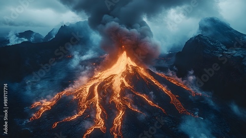 Aerial capture of a volcano spewing ash and lava, the red-hot flow snakes down barren mountainsides, the sky filled with thick, swirling ash clouds