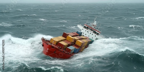 Cargo ship with containers split half storm unfolding ocean tragic disaster scene. Ai generated.