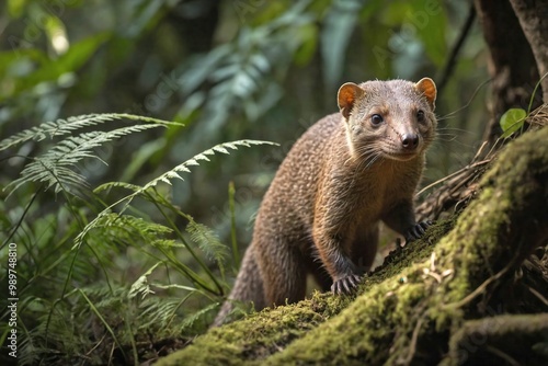 Mongoose Stalking in the Dense Underbrush of a Jungle Clearing