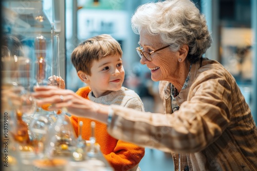 High-resolution brightly lit photorealistic candid photograph of a grandmother and grandchild having a delightful time at a local science museum, interacting with engaging exhibits and sharing